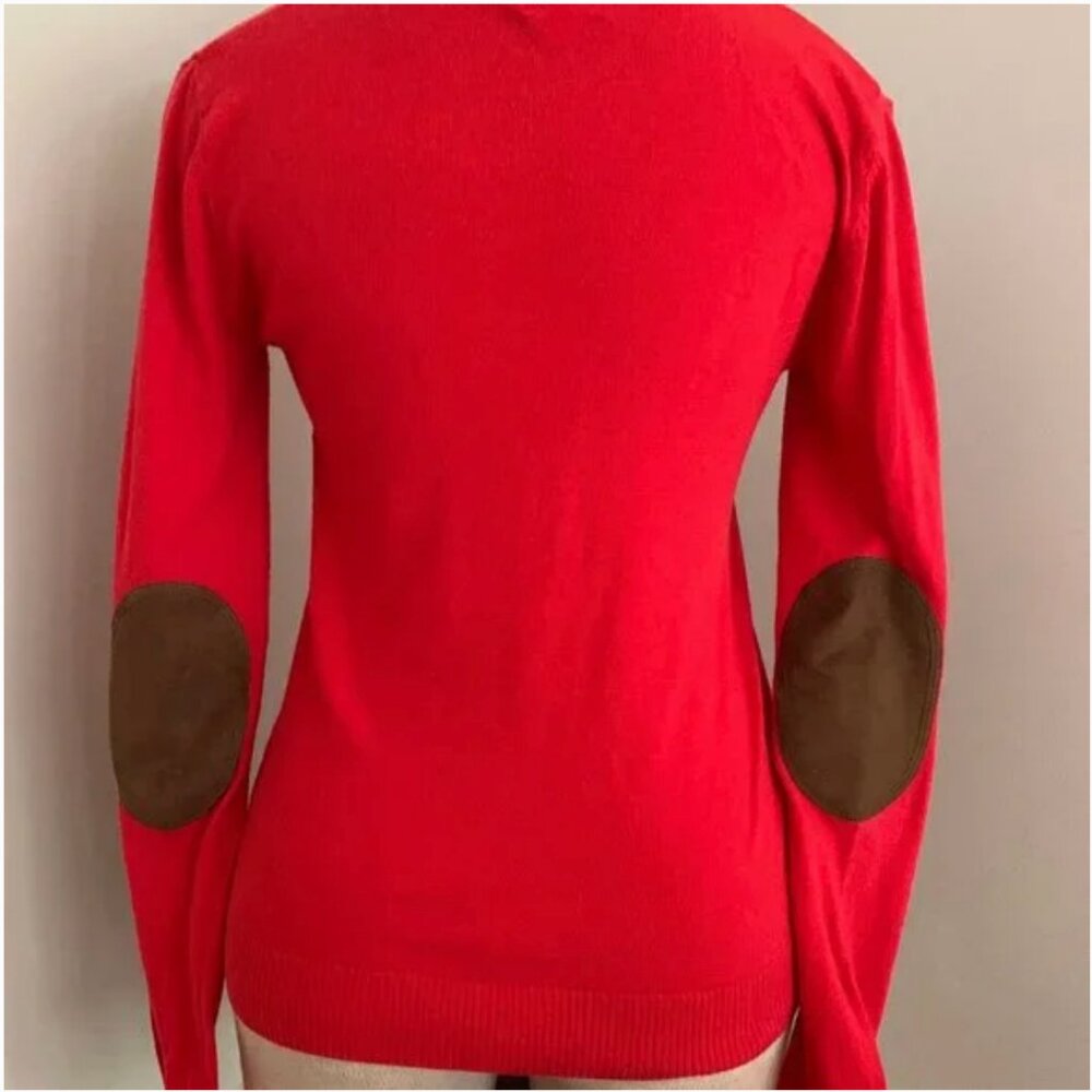 BP Women's V Neck Long Sleeve Red Orange Sweater with Elbow Patches Size Small